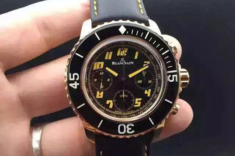 Blancpain Fifty Fathoms Chrono RG Black Dial Yellow Arabic Numerals Marker on Black Leather Strap A7750