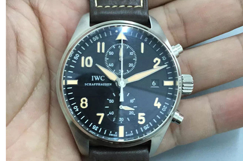 IWC Pilot Chrono SS 387808 Black Dial on Brown Leather Strap A7750