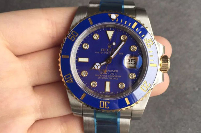 Rolex Submariner 116613 LB Noob 1:1 Best Edition YG Wrapped Blue Dial Diamonds Markers on SS/YG Bracelet A3135