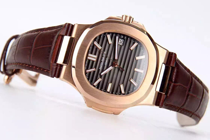 Patek Philippe Nautilus Jumbo 5711 MKF 1:1 Best Edition RG/LE Grey Textured Dial on Brown Leather Strap A324