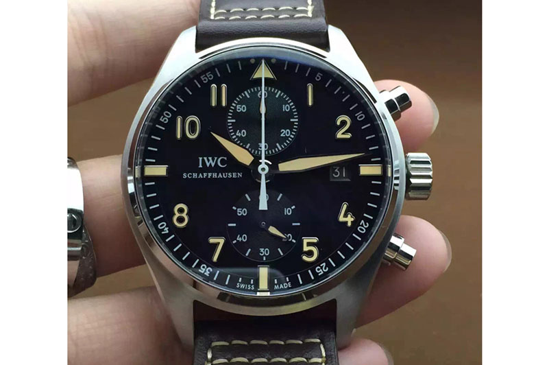 IWC Pilot Chrono SS IW387808 1:1 Best Edition Black Dial on Brown Leather Strap A7750 V2