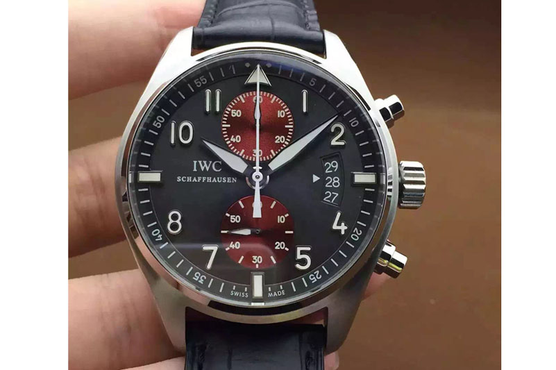 IWC Pilot Chrono SS 3878 Silver/Red Dial on Black Leather Strap A7750 V2