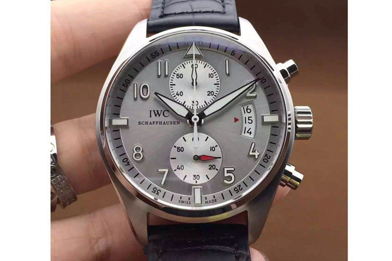 IWC Pilot Chrono SS 3878 Gray Dial White Sub Dials on Black Leather Strap A7750 V2
