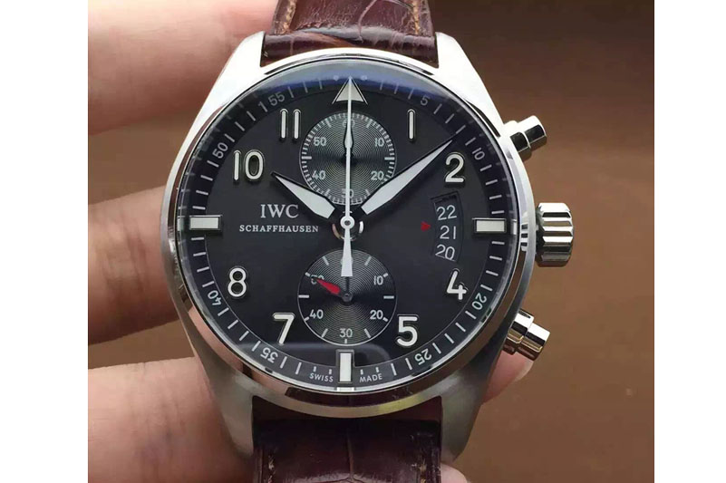 IWC Pilot Chrono SS 3878 Gray Dial on Black Leather Strap A7750 V2