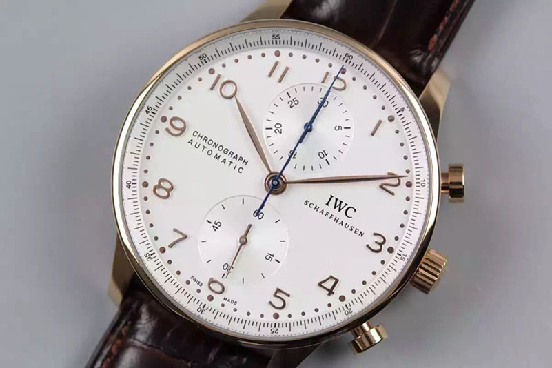 IWC Portuguese Chronograph Automatic RG White Dial on Black Leather Strap A7750
