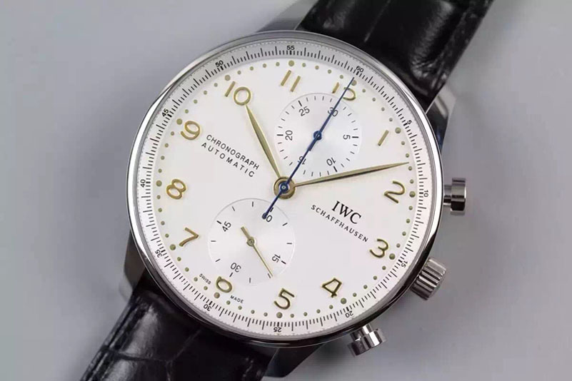 IWC Portuguese Chronograph Automatic SS White Dial Gold Markers on Black Leather Strap A7750