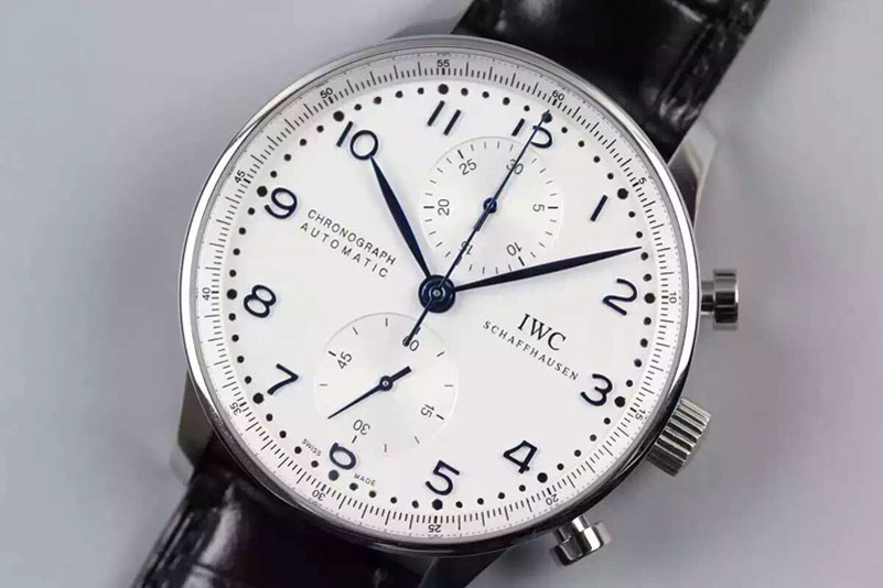 IWC Portuguese Chronograph Automatic SS White Dial Blue Markers on Black Leather Strap A7750