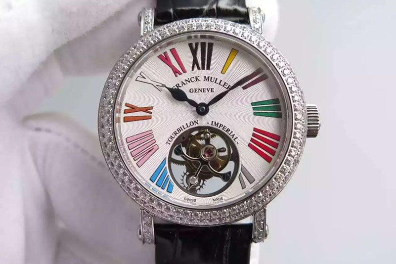 Franck Muller Color Dreams Tourbillon SS Diamond Bezel Roman Numerals Markers on Black Croco Leather Strap