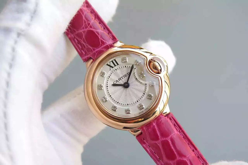 Cartier Ballon Bleu 28.5mm Ladies RG White Dial Diamond Marker on Black/Pink/Deep Pink/Brown/Blue Strap Ronda Quartz
