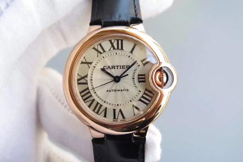Cartier Ballon Bleu 33mm RG Silver Textured Dial on Black/Pink/Deep Pink/Brown/Blue Strap ETA2671