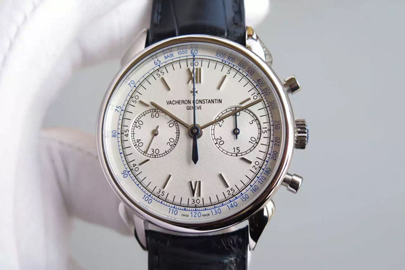Vacheron Constantin Patrimony Traditionnelle Chrono SS White Silver Dial on Blue Leather Strap Manual Winding Chrono Movement