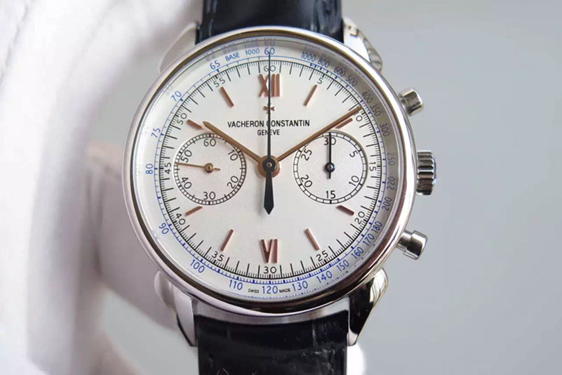Vacheron Constantin Patrimony Traditionnelle Chrono SS White RG Dial on Blue Leather Strap Manual Winding Chrono Movement