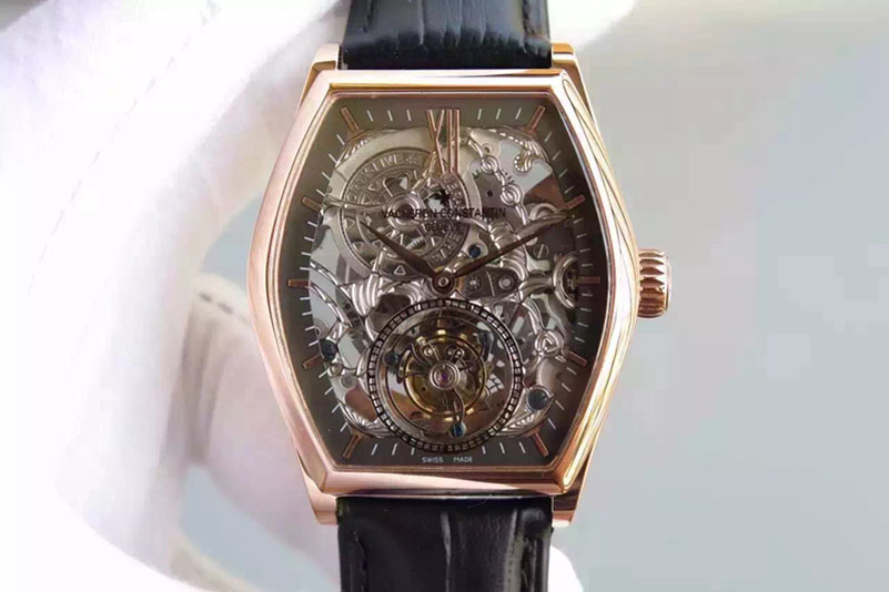 Vacheron Constantin Malte Tourbillon RG Skeleton Silver Dial on Black Leather Strap
