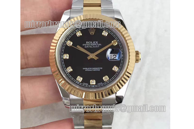 Rolex Date Just II 41mm SS/YG Black Dial Diamonds Marker on SS/YG Bracelet A3136