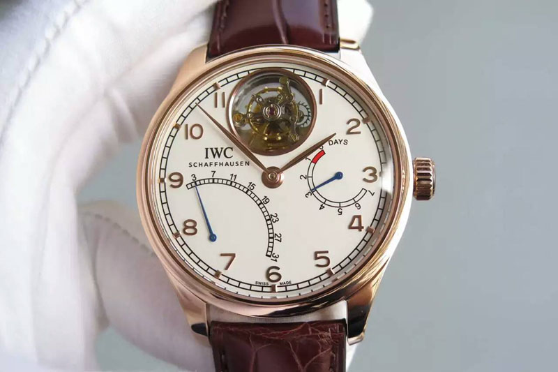 IWC Portugese Tourbillon Mystere Retrograde IW504602 RG TF Best Edition White Dial on Brown Croco Leather Strap