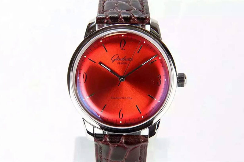 Glashutte The Senator Sixties SS YLF Red Dial on Brown lizard Leather Strap MIYOTA9015