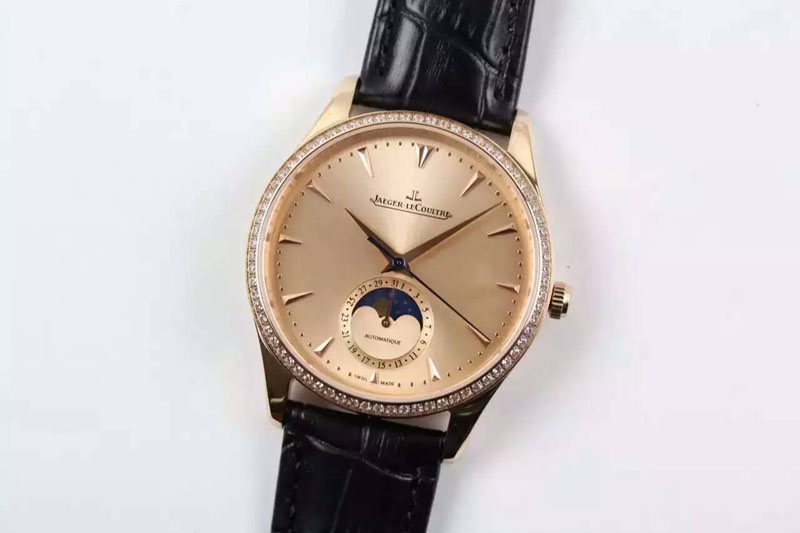 Jaeger-LeCoultre Master Ultra Thin Moon RG Diamonds Bezel YG Dial on Black Leather Strap A925
