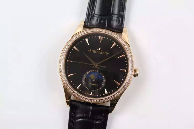 Jaeger-LeCoultre Master Ultra Thin Moon RG Diamonds Bezel Black Dial on Black Leather Strap A925