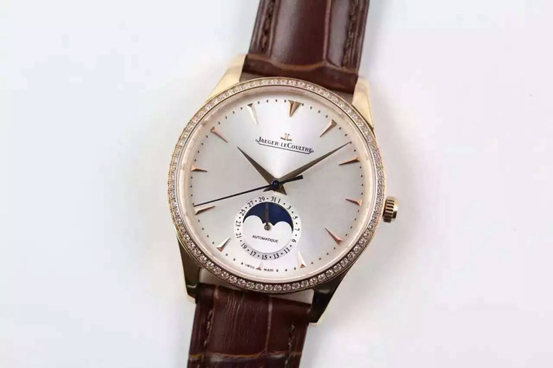 Jaeger-LeCoultre Master Ultra Thin Moon RG Diamonds Bezel Silver Dial on Brown Leather Strap A925