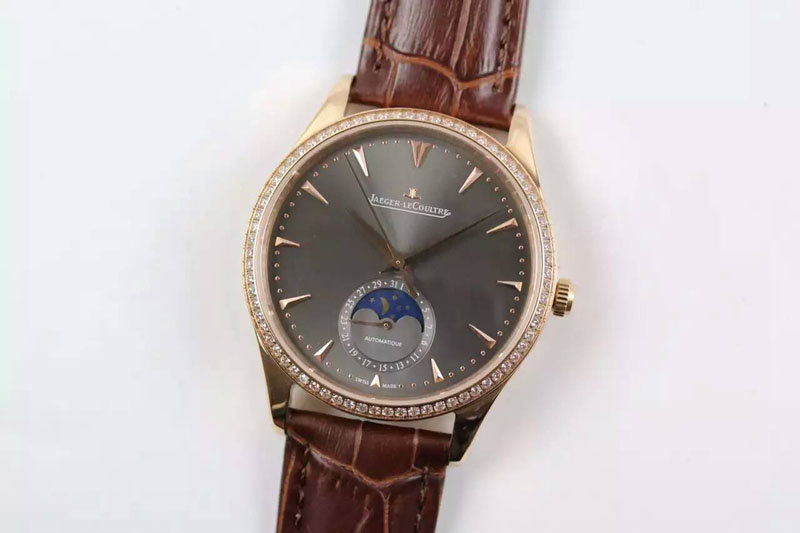Jaeger-LeCoultre Master Ultra Thin Moon RG Diamonds Bezel Gray Dial on Brown Leather Strap A925