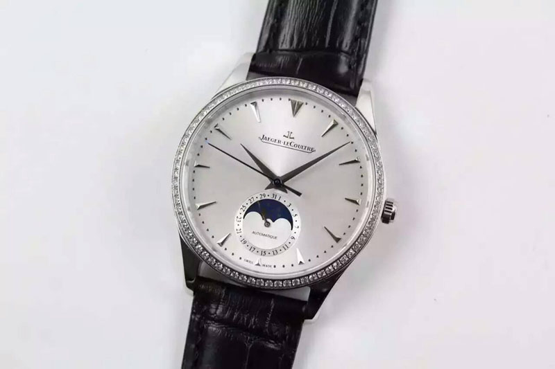 Jaeger-LeCoultre Master Ultra Thin Moon SS Diamonds Bezel Silver Dial on Black Leather Strap A925