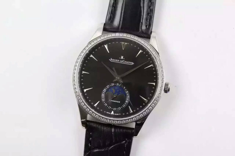 Jaeger-LeCoultre Master Ultra Thin Moon SS Diamonds Bezel Black Dial on Black Leather Strap A925