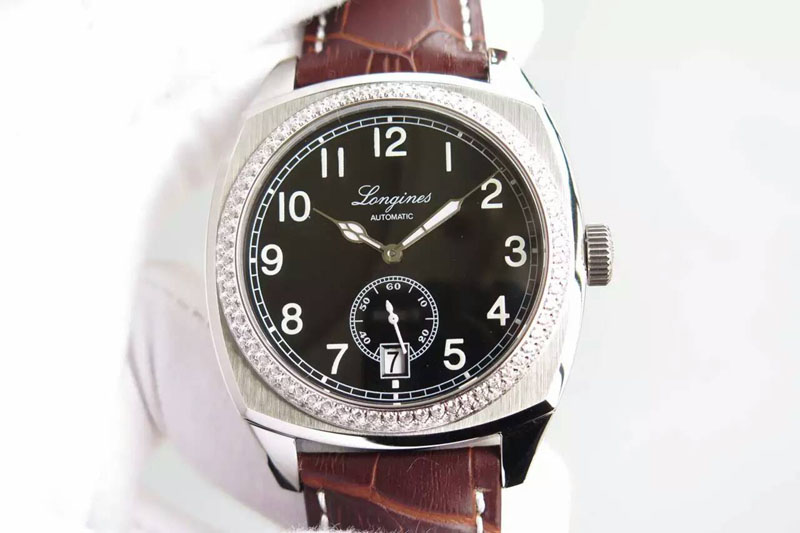 Longines Heritage 1935 SS Black Dial Diamond Bezel on Black Leather Strap A23J