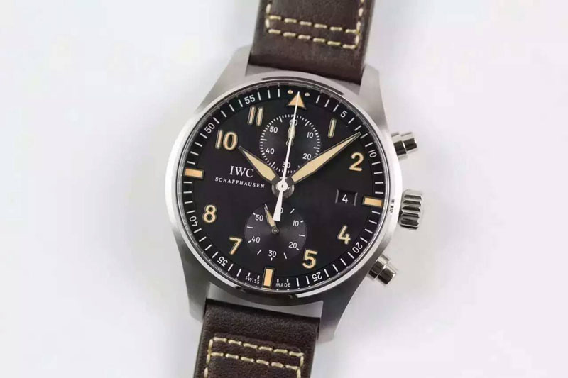 IWC Pilot Chrono SS 387808 ZF Best Edition Black Dial on Brown Leather Strap A7750