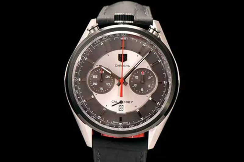 Tag Heuer Carrera CAL.1887 Chronograph Crown At @12 SS V6F 1:1 Best Edition Gray Dial on Black Leather Strap