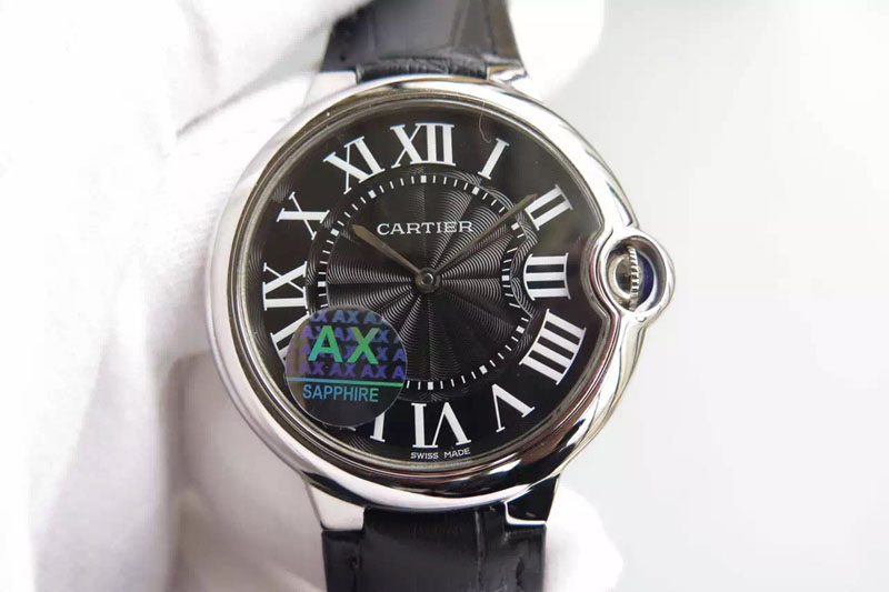 Cartier Ballon Bleu 40mm SS Black Texture Dial on Black Leather Strap MIYOTA9015