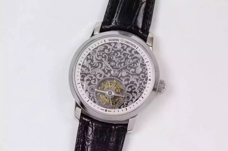 Vacheron Constantin The Patrimony Tourbillon SS TF Best Edition White Inner Bezel Skeleton Dial on Blck Croco Leather Strap