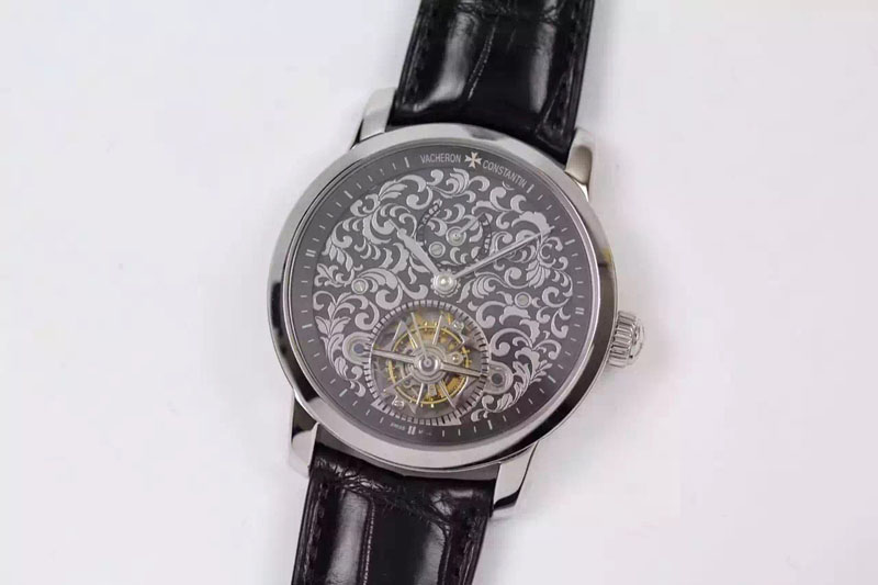 Vacheron Constantin The Patrimony Tourbillon SS TF Best Edition Gray Inner Bezel Skeleton Dial on Blck Croco Leather Strap