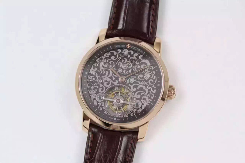 Vacheron Constantin The Patrimony Tourbillon RG TF Best Edition Gray Inner Bezel Skeleton Dial on Brown Croco Leather Strap