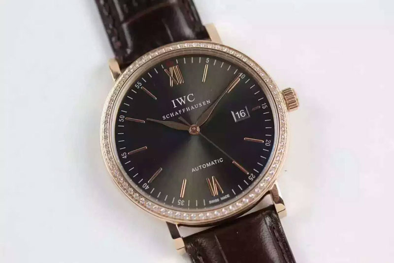 IWC Portofino Automatic Diamond Bezel RG Brown RG Stick Dial on Brown Leather Strap A2892