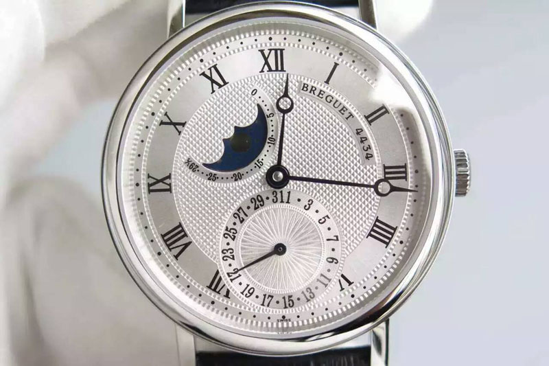 Breguet Classique SS Moonphase White Textured Dial on Black Leather Strap Cal.5165R Movement
