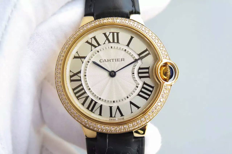 Cartier Ballon Bleu 40mm YG Diamond Bezel White Texture Dial on Brown Leather Strap MIYOTA9015