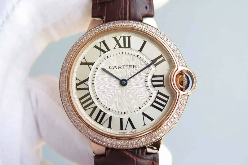 Cartier Ballon Bleu 40mm RG Diamond Bezel White Texture Dial on Brown Leather Strap MIYOTA9015