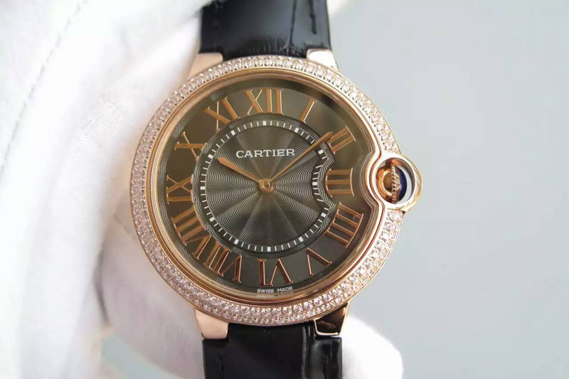 Cartier Ballon Bleu 40mm RG Dimaond Bezel Brown Texture Dial on Black Leather Strap MIYOTA9015