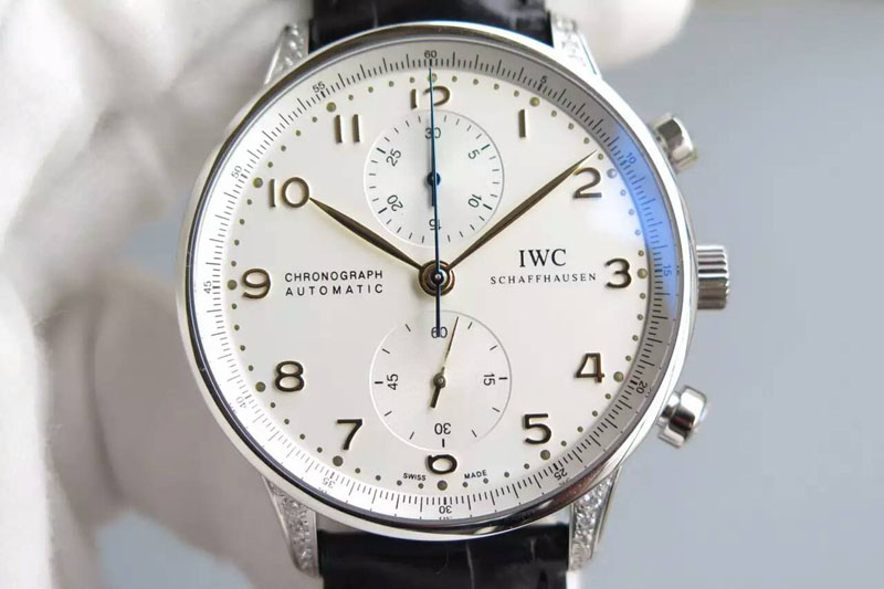 IWC Portuguese Chrono RG Diamonds Case White Dial YG Hand on Black Leather Strap A7750