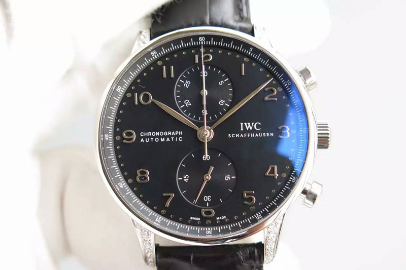 IWC Portuguese Chrono SS Diamonds Case Black Dial on Black Leather Strap A7750
