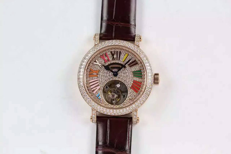 Franck Muller Color Dreams Tourbillon RG Diamond Roman Numerals Markers on Brown Croco Leather Strap