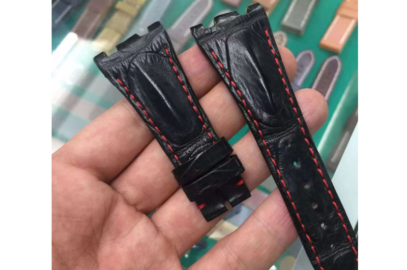 Audemars Piguet Genuine Crocodile Black Horn Back Strap Stitch Red for AP Watches