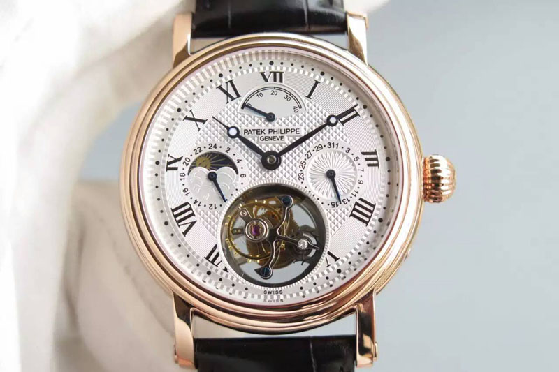 Patek Philippe Grand Complications AXF RG White Dial moonphase(left) on Black Leather Strap