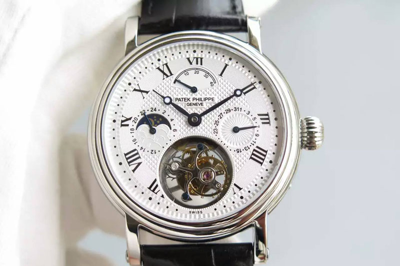Patek Philippe Grand Complications AXF SS White Dial moonphase(left) on Black Leather Strap