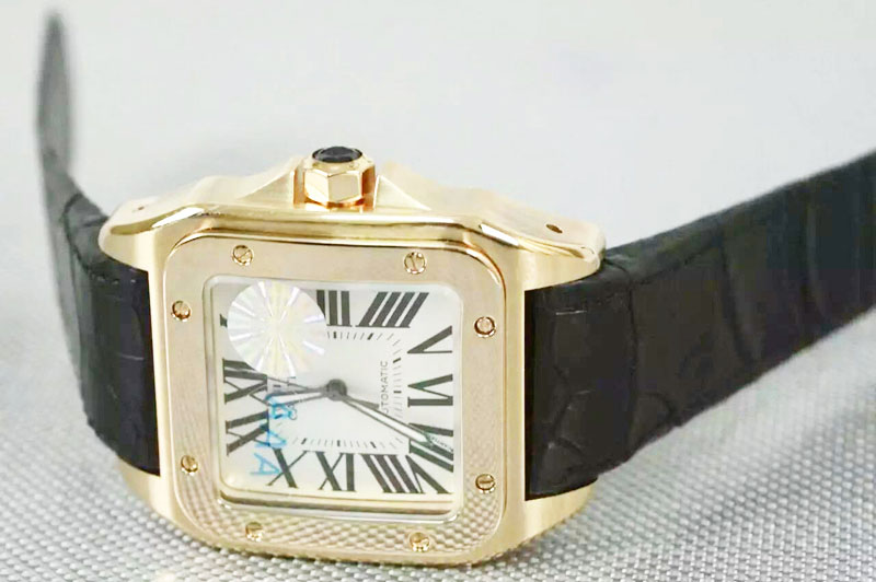 Cartier Santos 100 men 18K Rose Gold Wrapped White Dial Black Rubber Strap A2836-2
