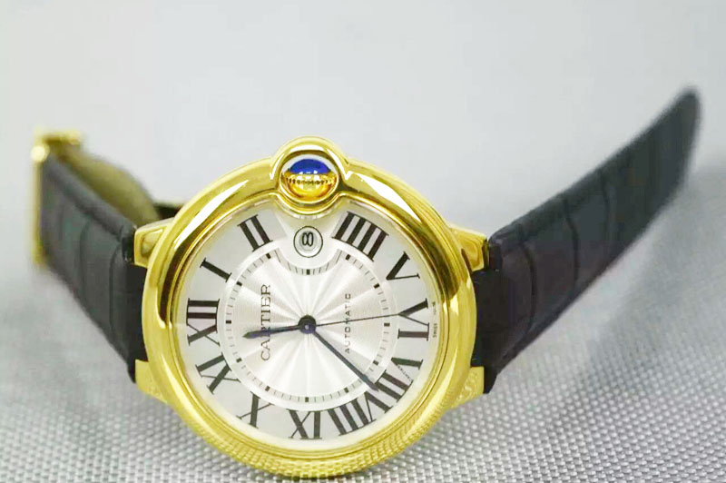 Cartier Ballon Bleu 42mm 18K Yellow Gold Wrapped White Texture Dial on Black Leather Strap MIYOTA9015