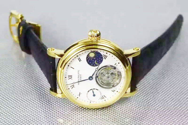 Patek Philippe Grand Complications AXF 18K Yellow Gold Wrapped White Dial moonphase on Black Leather Strap