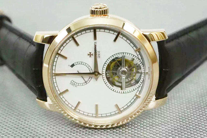 Vacheron Constantin The Patrimony Tourbillon 18K Rose Gold Wrapped Power Reserve TF Best Edition White Dial on Brown Croco Leath