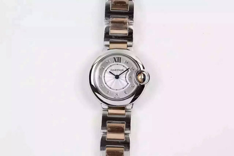 Cartier Ballon Bleu 28mm Ladies SS White Dial Diamond Markers on SS/RG Bracelet Ronda Quartz