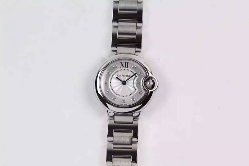 Cartier Ballon Bleu 28mm Ladies SS White Dial Diamond Markers on SS Bracelet Ronda Quartz